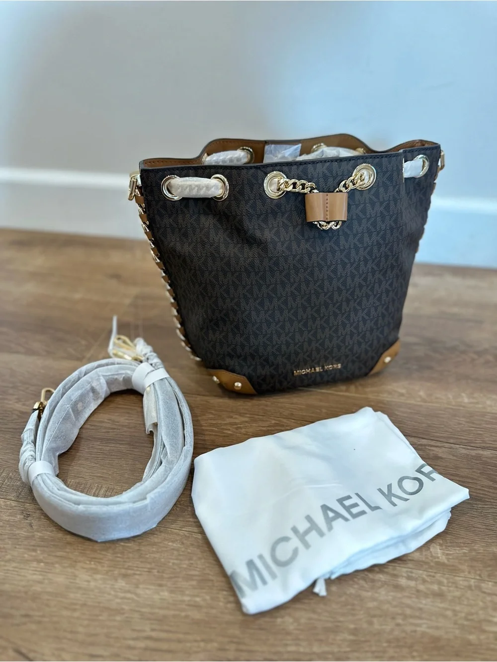Michael Kors Dark Brown Logo Bucket Shoulder Bag with Tan Trim and Gold Hardware